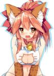  1girl animal_ears bell bell_collar blush bra breasts caster_(fate/extra) cat_cutout cat_lingerie cleavage cleavage_cutout collar fangs fate/grand_order fate_(series) fox_ears fox_tail hair_ribbon large_breasts long_hair looking_at_viewer navel open_mouth pink_hair ribbon ryokushiki_(midori-ya) solo tail tamamo_cat_(fate/grand_order) underwear underwear_only yellow_eyes 
