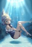  1girl blonde_hair blue_eyes crop_top highres kantai_collection lifebuoy long_hair one-piece_tan ro-500_(kantai_collection) school_swimsuit solo swimsuit swimsuit_under_clothes tan tanline tarachine underwater 