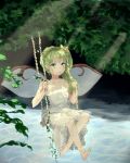  1girl alternate_costume bangs barefoot bow daiyousei dappled_sunlight dress fairy_wings green_eyes green_hair hair_bow honi legs light_rays long_ponytail looking_up nature peaceful plant reflective_eyes short_dress short_hair side_ponytail small_breasts solo strapless strapless_dress stream sunlight swing swinging touhou vines water white_dress wings 