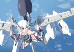  1girl aqua_hair breasts cleavage elbow_gloves garter_belt gloves highres jet_engine looking_to_the_side mecha_musume nenchi red_eyes skin_tight solo swimsuit wings 