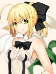  1girl ahoge bare_shoulders blonde_hair bow dress fate/stay_night fate_(series) green_eyes hair_bow looking_at_viewer ponytail saber saber_lily short_hair skylader smile solo 