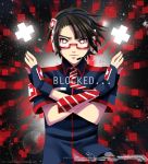  1boy bangs black_hair collared_shirt genderswap glasses headphones internet_positif ipo-chan looking_at_viewer necktie red_eyes red_glasses sartika3091 shirt solo space sunlight symbol-shaped_pupils watermark web_address 