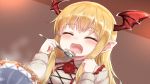  1girl :d ^_^ blonde_hair closed_eyes collared_shirt eating fang fooyuta granblue_fantasy head_wings highres long_hair open_mouth pointy_ears shingeki_no_bahamut shirt smile udon vampy wing_collar 