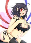  &gt;:o :o ahoge angry asymmetrical_wings black_hair blush breasts cat_lingerie covered_nipples fang highres houjuu_nue large_breasts messy_hair open_mouth red_eyes simple_background thigh-highs touhou uchisukui wings 