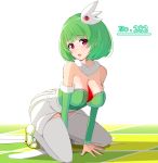  1200www 1girl arm_warmers bad_anatomy bare_shoulders breasts cleavage female gardevoir green_hair hair_ornament high_heels highres jewelry kneeling open_mouth personification pink_eyes pokemon ring sandals solo thigh-highs white_legwear 