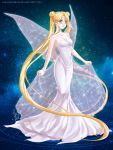  1girl 2015 bare_shoulders bishoujo_senshi_sailor_moon blonde_hair blue_background collarbone crescent crescent_earrings double_bun dress earrings facial_mark forehead_mark full_body highres jewelry lirahalovna long_hair looking_at_viewer princess_serenity see-through signature solo standing strapless strapless_dress tsukino_usagi twintails watermark web_address white_dress 