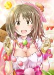  1girl :d blush breasts brown_eyes brown_hair cake candy cookie dessert detached_collar earrings food fruit gloves hair_ornament highres idolmaster idolmaster_cinderella_girls jewelry kamelie large_breasts lollipop looking_at_another mimura_kanako open_mouth ribbon short_hair smile solo sparkle strawberry sweets wrist_cuffs 
