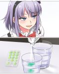  1girl blue_eyes blush commentary_request dagashi_kashi flower glass gum hair_flower hair_ornament hair_ribbon hairband looking_at_viewer open_mouth packet powder purple_hair ribbon ringed_eyes shidare_hotaru short_hair smile solo water youkan 