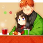  1boy 1girl alternate_hairstyle blush brown_hair closed_eyes cup eating emiya-san_chi_no_kyou_no_gohan emiya_shirou fate/stay_night fate_(series) food fruit hug hug_from_behind kotatsu long_hair love orange orange_hair saliva sitting sleeping sleeveless steam suurin_(ksyaro) table tohsaka_rin toosaka_rin unlimited_blade_works 