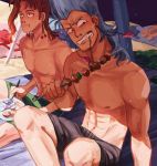  2boys abs beach_umbrella biting collarbone eating food food_in_mouth fork highres jean_pierre_polnareff jojo_no_kimyou_na_bouken kakyouin_noriaki kebab male_focus male_swimwear multiple_boys muscle plate redhead shirtless silver_hair sitting sunny_ameliya sweat swim_trunks swimwear umbrella 