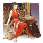  1boy androgynous black_hair chest_of_drawers comb curtains flower gourd hair_ornament hair_stick japanese_clothes jirou_tachi male_focus sandals sandals_removed sitting smile tobacco_(artist) touken_ranbu yellow_eyes 