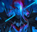  1girl armor black_sclera blue_skin energy_spear glowing glowing_eye head_fins lictter long_hair monster_girl polearm ponytail redhead solo spear spoilers undertale undyne undyne_the_undying weapon 