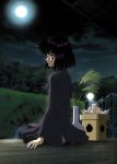  1girl bishoujo_senshi_sailor_moon black_hair black_shirt black_skirt food full_moon hino_ryutaro looking_at_viewer looking_back moon night outdoors profile shirt short_hair sitting skirt solo tomoe_hotaru violet_eyes 