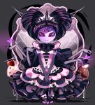  1girl alternate_costume alternate_hairstyle artist_name black_hair collar commentary cupcake dress extra_arms extra_eyes fangs frilled_collar frills heart highres icing insect_girl looking_at_viewer monster_girl muffet purple_skin rotodisk silk smile spider spider_web tiara undertale violet_eyes 