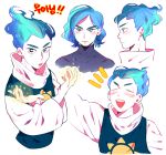  /\/\/\ 1boy absurdres alternate_hairstyle blue_eyes blue_hair borrowed_character crossed_arms expressions high_collar highres korean o2_(o2mm) open_mouth original simple_background smile sun_(symbol) turtleneck white_background 