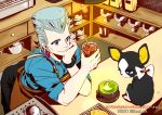  1boy apron blue_eyes bow bowl bowtie chin_rest counter cup dog drink drinking_straw earrings from_above glass iggy_(jojo) jean_pierre_polnareff jewelry jojo_no_kimyou_na_bouken lamp male_focus no_eyebrows silver_hair smile teapot tianel_ent translation_request twitter_username wristband 
