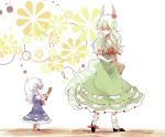  2girls breasts cleavage commentary_request dress dual_persona ex-keine green_hair highres horn_ribbon horns kamishirasawa_keine multiple_girls outstretched_arms red_eyes ribbon scroll six_(fnrptal1010) time_paradox touhou white_hair younger 