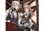  apron aqua_eyes brown_hair butler cup felicia_(fire_emblem_if) fire_emblem fire_emblem_if gloves grey_hair joker_(fire_emblem_if) long_hair low_ponytail maid maid_apron maid_headdress official_art open_mouth ponytail sitting teacup violet_eyes 