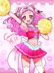  1girl :d arm_up bow character_name cure_yell double_bun earrings flower hair_flower hair_ornament hair_ribbon heart_hair_ornament hugtto!_precure jewelry kagami_chihiro layered_skirt long_hair looking_at_viewer magical_girl nono_hana open_mouth pink_background pink_eyes pink_hair pink_shirt pink_skirt pom_pom precure red_ribbon ribbon see-through shirt skirt sleeveless sleeveless_shirt smile solo thigh-highs white_bow white_legwear zettai_ryouiki 