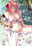  1girl abs absurdres animal_ears aqua_nails arm_ribbon arm_support artist_name bangs bare_legs barefoot beach bikini blonde_hair blue_eyes blurry blush breasts dappled_sunlight depth_of_field fingernails flower from_above front-tie_bikini front-tie_top hair_flower hair_ornament hibiscus highres kannatsuki_noboru large_breasts leaning_back long_hair looking_at_viewer nail_polish navel on_ground orange_hair outdoors partially_submerged ribbon scan side-tie_bikini sitting solo strap_gap strap_pull string_bikini sunlight swimsuit tail tiger_ears tiger_print tiger_tail toranoana very_long_hair wariza water 