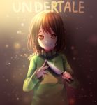  androgynous artist_name brown_eyes brown_hair chara_(undertale) copyright_name glint highres knife sasucchi95 smile solo spoilers striped striped_sweater sweater tagme teeth undertale upper_body 