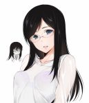  1girl akira_(natsumemo) bangs black_hair blue_eyes bra breasts floral_print glasses long_hair long_sleeves looking_at_viewer open_mouth original purple_bra rimless_glasses see-through shirt simple_background small_breasts smile solo swept_bangs underwear upper_body white_background white_shirt 