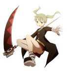 1girl blonde_hair blush boots colored coupon gloves green_eyes jacket maka_albarn miniskirt necktie panties scythe skirt solo soul_eater twintails weapon 