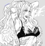  1girl balalaika_(black_lagoon) black_lagoon bra breasts burn_scar cigar cleavage dated elina_kuroe_no_daarin lipstick long_hair looking_at_viewer makeup monochrome open_mouth ponytail scar signature smoking solo underwear underwear_only very_long_hair 