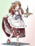  1girl adapted_costume alternate_costume apron bottle breasts brown_eyes brown_hair dress enmaided food glass hat kantai_collection littorio_(kantai_collection) long_hair maid maid_apron maid_headdress necktie open_mouth pizza ponytail shadow smile solo tatsumi_rei thigh-highs tray wavy_hair whine 