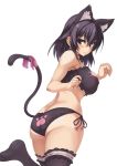  1girl animal_ears black_hair blush bra breasts cat_cutout cat_ear_panties cat_lingerie cat_tail choker cleavage_cutout konohana_enishi large_breasts looking_at_viewer original panties sengoku_aky short_hair side-tie_panties solo tail thigh-highs underwear underwear_only violet_eyes 