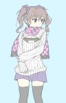  bangs brown_hair cat_lingerie checkered_scarf colored commentary_request hair_between_eyes hair_ornament hair_scrunchie hand_on_own_wrist highres himekaidou_hatate long_hair long_sleeves looking_to_the_side nibi open-chest_sweater pink_scarf pointy_ears purple_shorts ribbed_sweater scarf scrunchie shorts sleeves_past_wrists sweater thigh-highs touhou twintails violet_eyes 