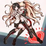  2girls bangs black_hair blonde_hair blue_eyes blush boots bow breasts brown_eyes choker collarbone copyright_name dangan_ronpa dangan_ronpa_1 enoshima_junko fingernails freckles highres ikusaba_mukuro kneehighs long_fingernails long_hair looking_at_viewer multiple_girls nail_polish official_style oyume pleated_skirt red_nails school_uniform short_hair siblings sisters skirt socks tattoo thighs twins very_long_hair 