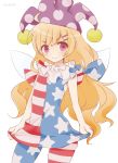  1girl american_flag_legwear american_flag_shirt blonde_hair clownpiece fairy_wings hat jester_cap long_hair pantyhose red_eyes smile solo star striped sui_(aruko91) touhou very_long_hair wings 