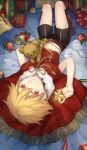  1boy bell blonde_hair boots box child child_gilgamesh christmas citron_82 fate/hollow_ataraxia fate/stay_night fate_(series) gift gift_box looking_at_viewer lying male_focus multiple_boys on_back red_eyes short_hair shorts smile solo star stuffed_animal stuffed_toy teddy_bear younger 