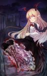  &gt;:d 1girl :d bat blonde_hair boots fang frilled_skirt frills granblue_fantasy head_wings long_hair marisayaka night open_mouth pointy_ears red_eyes shingeki_no_bahamut shirt skirt smile tail vampy 