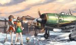  2girls :d airplane brown_eyes closed_eyes clouds doraxi fairy_(kantai_collection) highres hip_vent japanese_clothes kantai_collection long_hair miniskirt multiple_girls open_mouth profile propeller scarf shovel skirt sky smile snow thigh-highs winter worktool zettai_ryouiki 