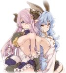  2girls animal_ears back-to-back bare_back bare_shoulders blue_eyes blue_hair blush breasts brown_eyes brown_gloves cloak cosplay costume_switch elbow_gloves eyebrows eyebrows_visible_through_hair ferry_(granblue_fantasy) fingerless_gloves from_side gloves granblue_fantasy hair_ornament hair_over_one_eye hairpin heart heart-shaped_pupils holding_hands horns interlocked_fingers large_breasts lips long_hair looking_at_viewer looking_to_the_side low-tied_long_hair multiple_girls narumeia_(granblue_fantasy) pink_hair rabbit_ears shiny shiny_skin shorts sideboob simple_background smile standing symbol-shaped_pupils tareme thigh_strap thighs thomasz turtleneck very_long_hair white_background 