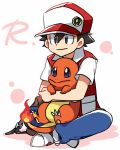  1boy baseball_cap black_hair blue_eyes brown_eyes charmander denim hat indian_style jeans pants pokemon pokemon_(creature) pokemon_(game) pokemon_rgby red_(pokemon) red_(pokemon)_(classic) shoes simple_background sitting sitting_on_lap sitting_on_person smile sneakers tomatok0 white_background 