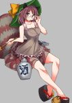  1girl :3 a animal_ears bare_arms bell bottle collarbone commentary_request cup futatsuiwa_mamizou glasses grey_background hat holding_pipe kiseru looking_at_viewer pince-nez pipe raccoon_ears raccoon_tail sake_bottle shirt sitting skirt sleeveless sleeveless_shirt solo tail touhou umigarasu_(kitsune1963) 
