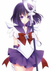  1girl bishoujo_senshi_sailor_moon black_hair bow brooch brown_bow choker cowboy_shot elbow_gloves gloves highres jewelry kyouda_suzuka looking_at_viewer magical_girl parted_lips polearm purple_skirt sailor_collar sailor_saturn short_hair silence_glaive skirt solo spear tiara tomoe_hotaru violet_eyes weapon white_background white_gloves 