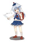  1girl backpack bag blue_hair brown_eyes commentary_request directional_arrow hat kamishirasawa_keine looking_at_viewer midriff navel no_nose open_mouth ori_(yellow_duckling) ruler skirt solo touhou translation_request younger 