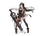  bangs bazooka belt black_eyes black_hair black_legwear blunt_bangs boots buttons cuffs dress gloves goggles goggles_on_head granblue_fantasy gun holster huge_weapon jessica_(granblue_fantasy) long_hair minaba_hideo open_collar short_dress shoulder_guard smile strap thigh-highs weapon white_gloves 