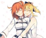  2girls :d ^_^ ahoge bare_shoulders blonde_hair blush bow breasts closed_eyes dress face-to-face fate/grand_order fate_(series) female_protagonist_(fate/grand_order) hair_between_eyes hair_bow hair_ribbon long_hair long_sleeves multiple_girls open_mouth orange_hair petals ponytail ribbon saber saber_lily scrunchie short_hair side_ponytail simple_background sleeveless sleeveless_dress smile u_928 white_background 