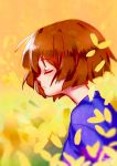  artist_name blue_shirt brown_hair closed_eyes dated frisk_(undertale) highres octopus663 petals shirt tagme undertale upper_body yellow_background 