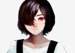  1girl artist_request asymmetrical_bangs bangs black_hair collarbone hair_over_one_eye highres kirishima_touka lips looking_at_viewer nose portrait red_eyes short_hair simple_background smile solo tokyo_ghoul tokyo_ghoul:re upper_body white_background 
