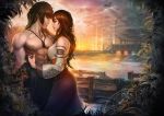  1boy 1girl abs absurdres architecture artist_name bare_arms bare_chest belt bird bridge brown_hair clouds detached_sleeves east_asian_architecture eye_contact hellcherr highres jewelry long_hair looking_at_another necklace nipples river short_hair sky sunset 