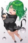  1girl ass black_dress blush commentary_request curly_hair dress from_above go_robots green_eyes green_hair looking_at_viewer looking_up one-punch_man short_hair solo tatsumaki telekinesis wet wet_clothes 