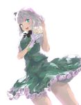  1girl backlighting blue_eyes blush bouquet bow flower frilled_skirt frills green_skirt green_vest hairband hand_in_hair highres honi konpaku_youmu looking_at_viewer open_mouth perspective round_teeth shirt short_hair silver_hair simple_background sketch skirt skirt_set solo teeth thighs tongue touhou upper_body white_background white_shirt 