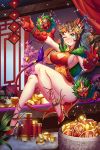  1girl blue_eyes breasts brown_hair cleavage cleavage_cutout coin coin_(ornament) creature dress gloves grin hair_ornament hair_stick highres horns large_breasts new_year one_eye_closed oni_horns original red_dress red_gloves sideboob sitting smile solo tako_seijin wrist_cuffs 