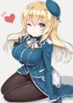  1girl ;) arm_support atago_(kantai_collection) bangs beret black_gloves black_legwear blonde_hair blue_hat bow breasts cravat eyebrows eyebrows_visible_through_hair gloves hat heart index_finger_raised kantai_collection lace_trim large_breasts long_hair looking_at_viewer military military_uniform one_eye_closed pantyhose shadow simple_background sitting smile solo uniform yuzu-aki 